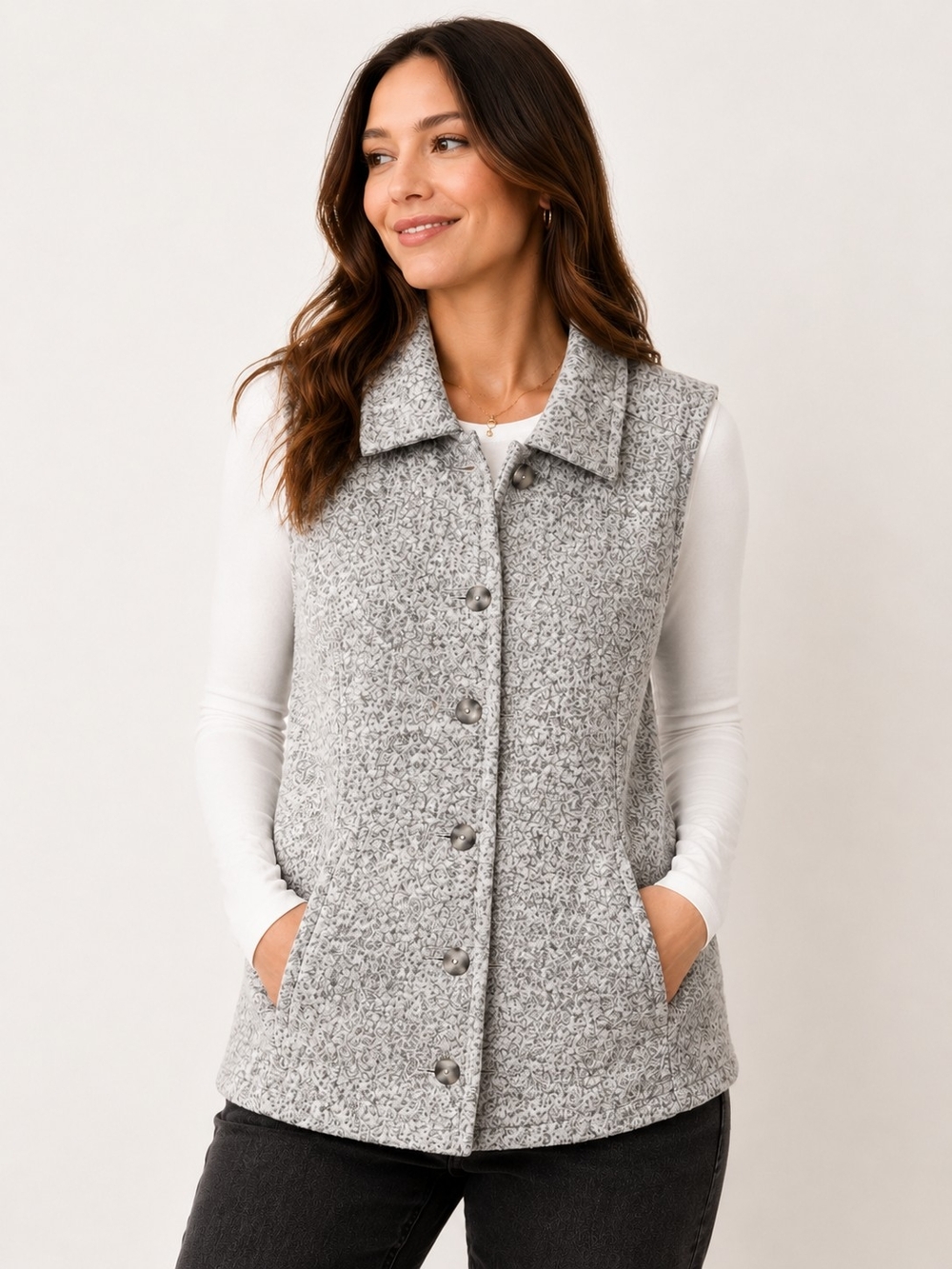 Northern Reflections Light Gray Bouclé Button-Front Vest Soft Fall Size Small